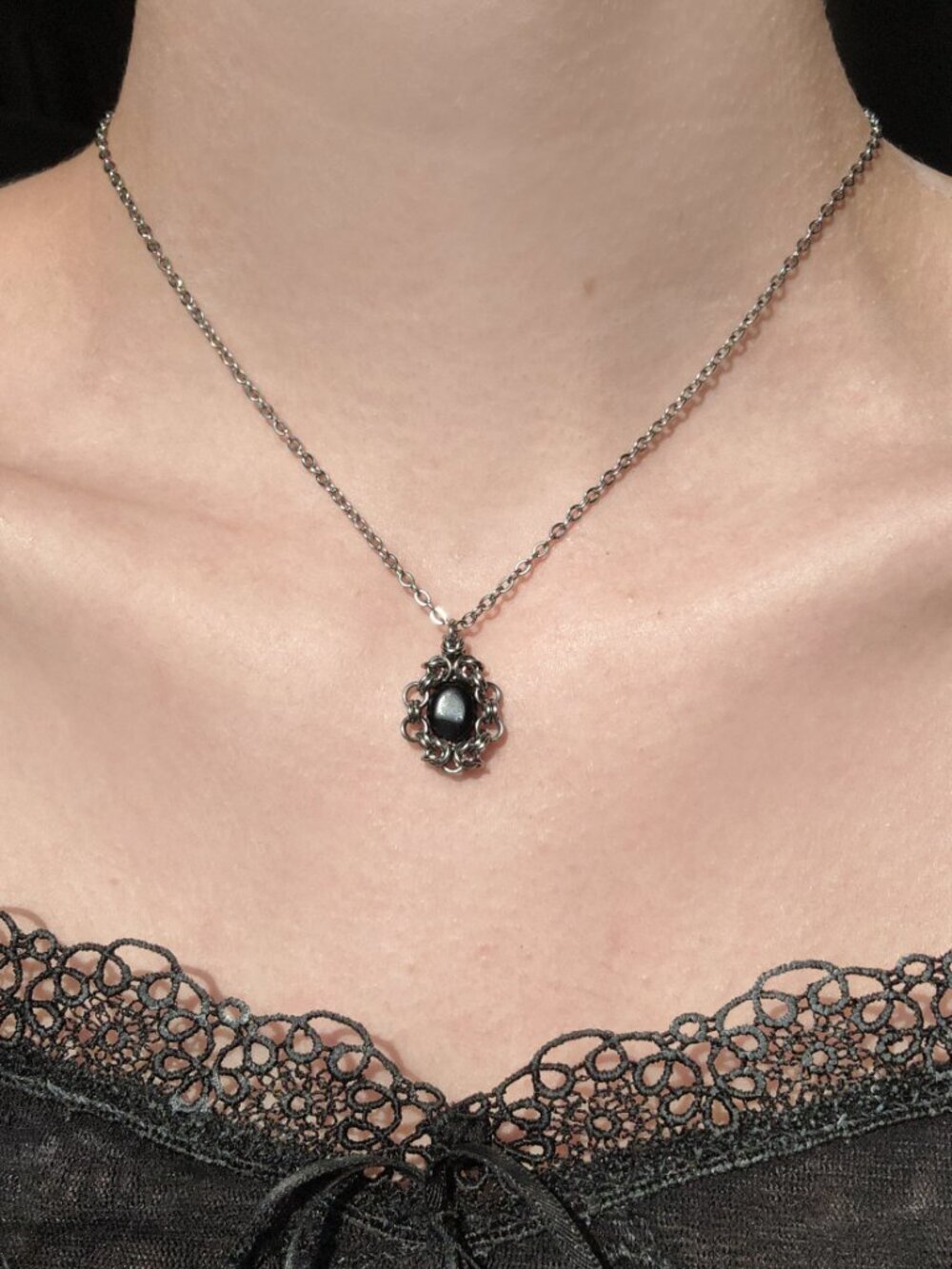 Gothic black and silver dainty pendant necklace